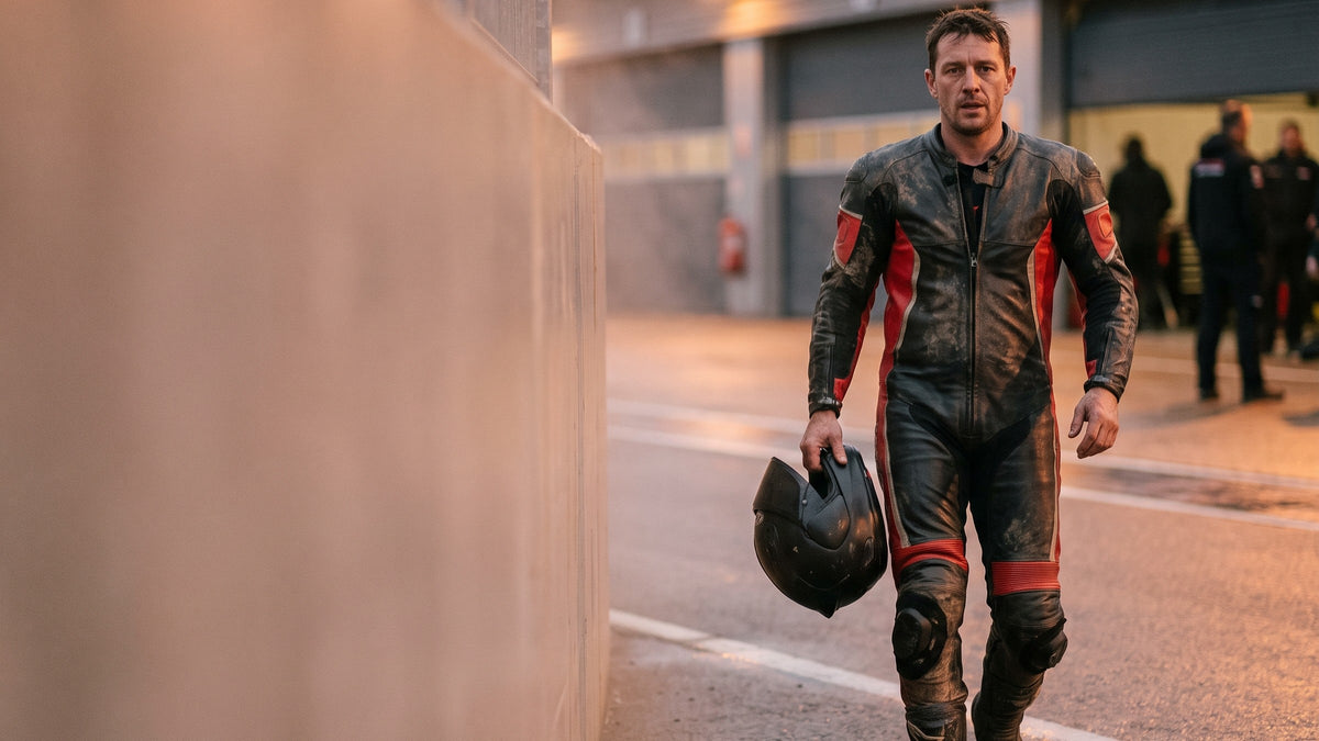 Racer walking down the pit lane at dusk in black and red leathers, carrying a plain black helmet