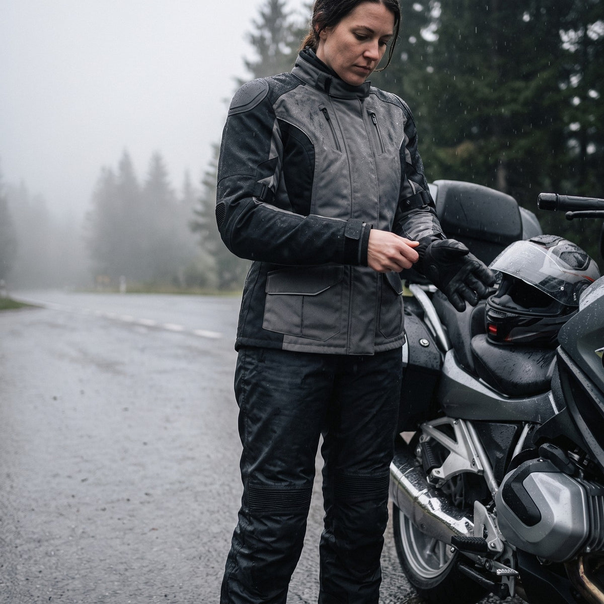 Rider in all-season textile gear pulling on gloves beside a touring motorcycle in the rain