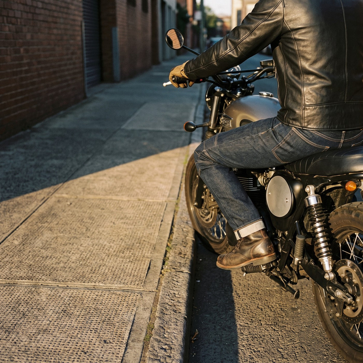 Rider astride a scrambler in armoured riding jeans on a city kerbside at golden hour