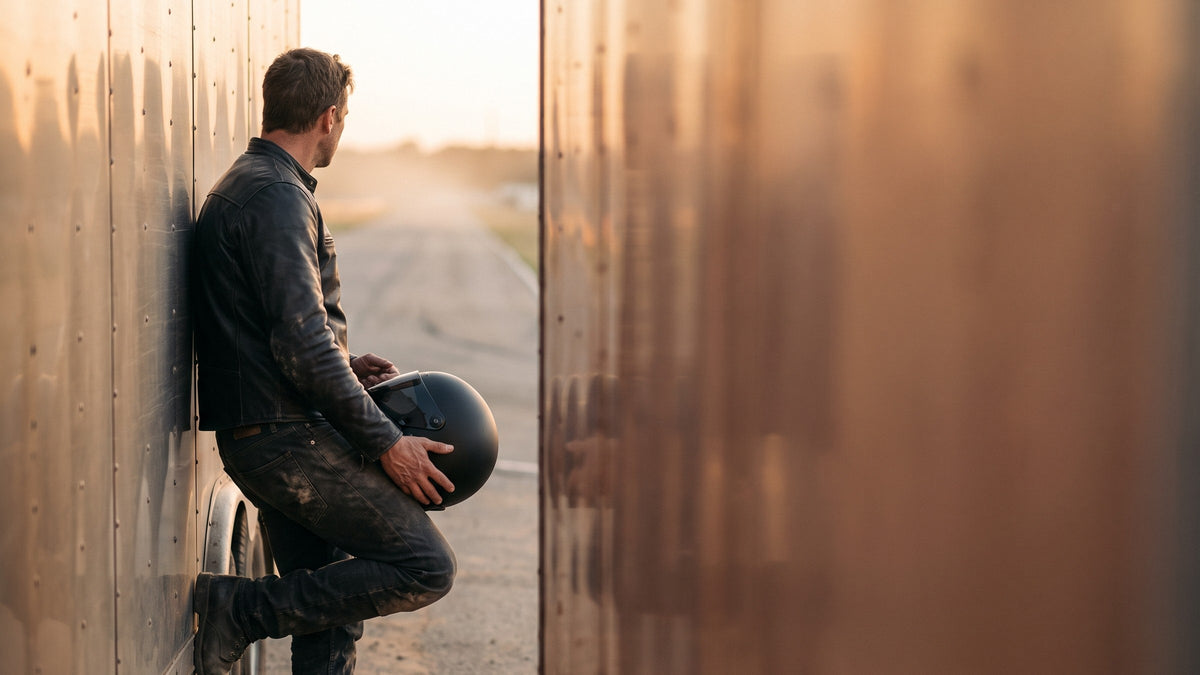 Rider in a black leather jacket and riding jeans leaning against a transporter at golden hour