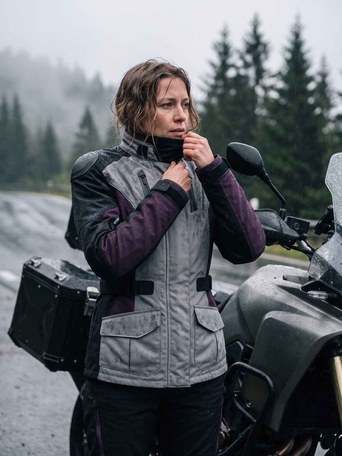 Woman closing a grey all-season textile jacket on a wet mountain pass