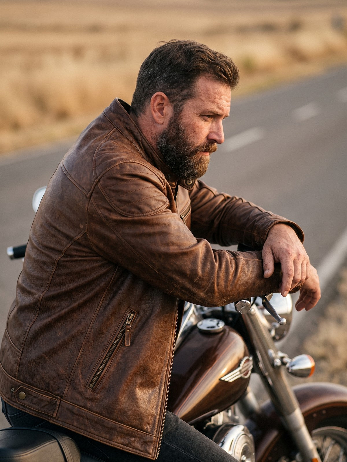 Rider in a worn brown leather cruiser jacket astride a cruiser motorcycle
