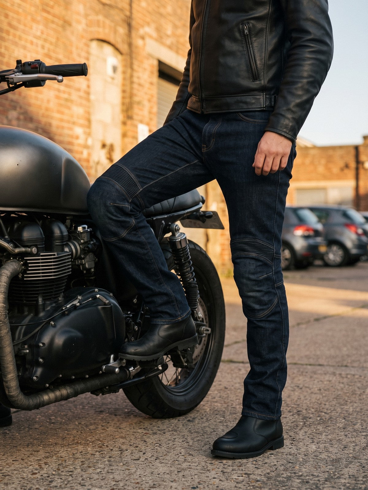 Rider in dark armoured riding jeans beside a scrambler outside a brick warehouse