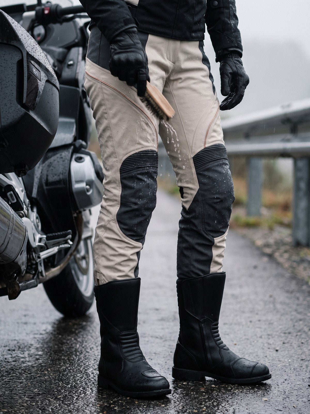 Rider in cream and charcoal waterproof textile trousers on a wet roadside