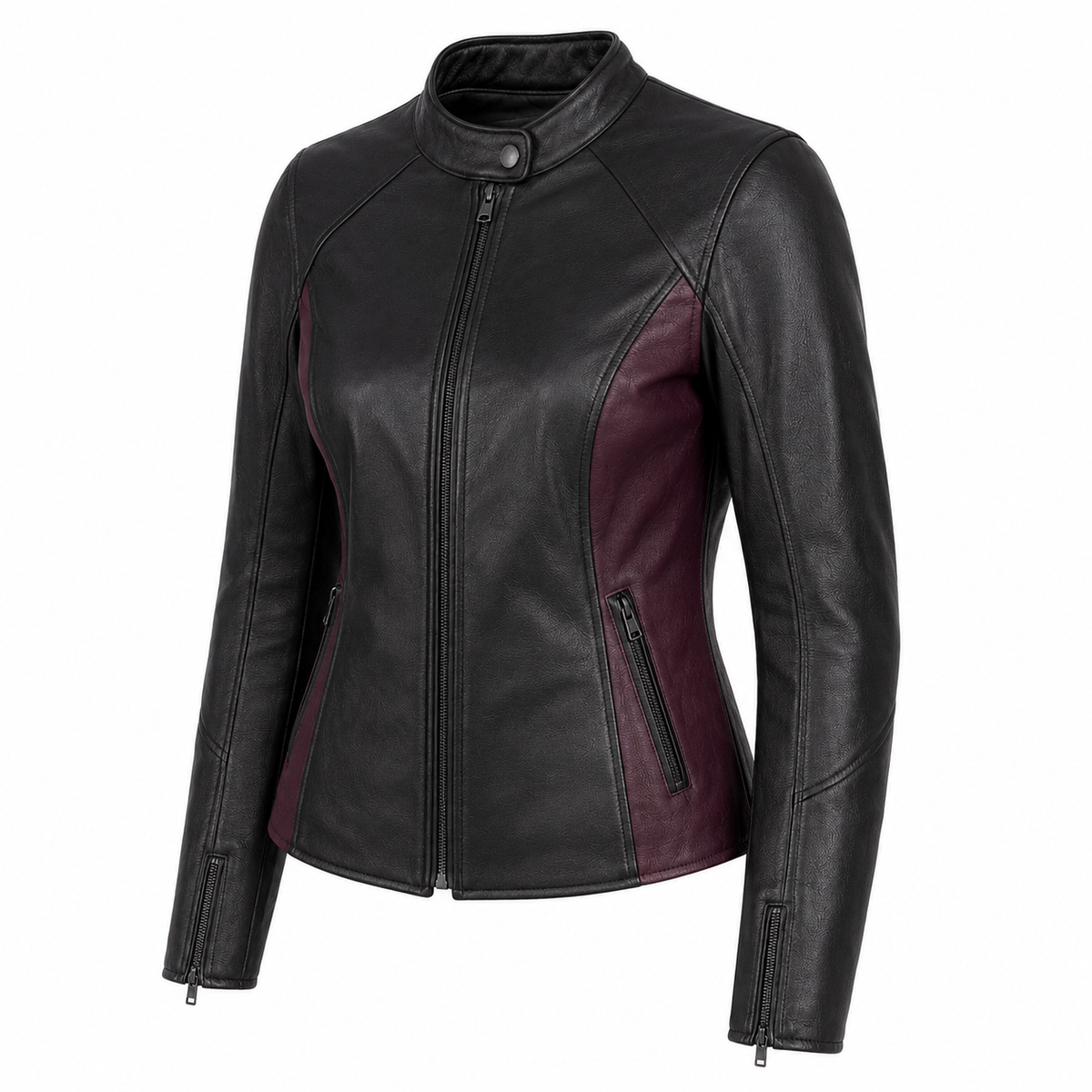 Luna Street Women’s Black Leather Motorcycle Jacket three-quarter leather detail view