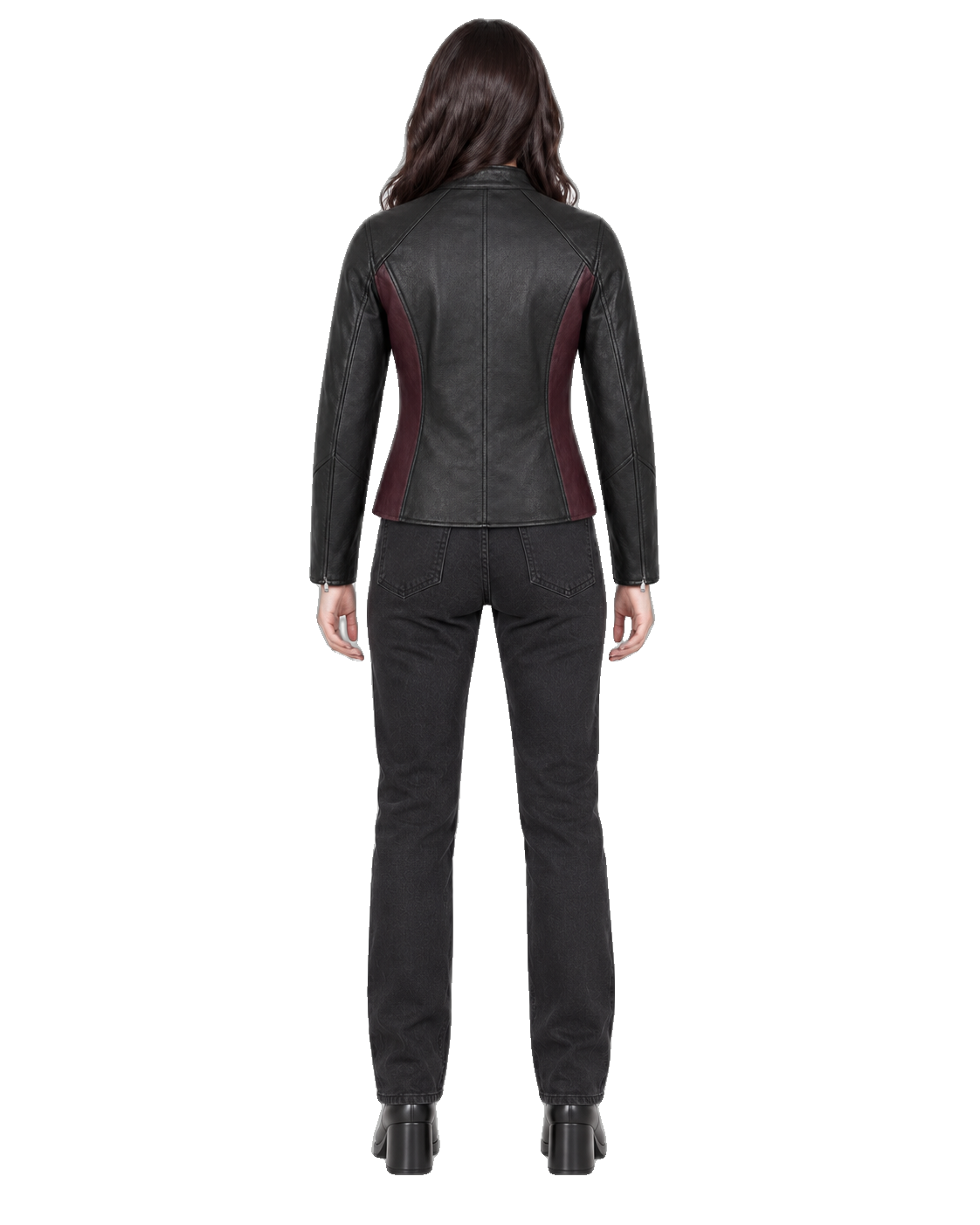 Luna Street Women’s Black Leather Motorcycle Jacket back view on female model with transparent background