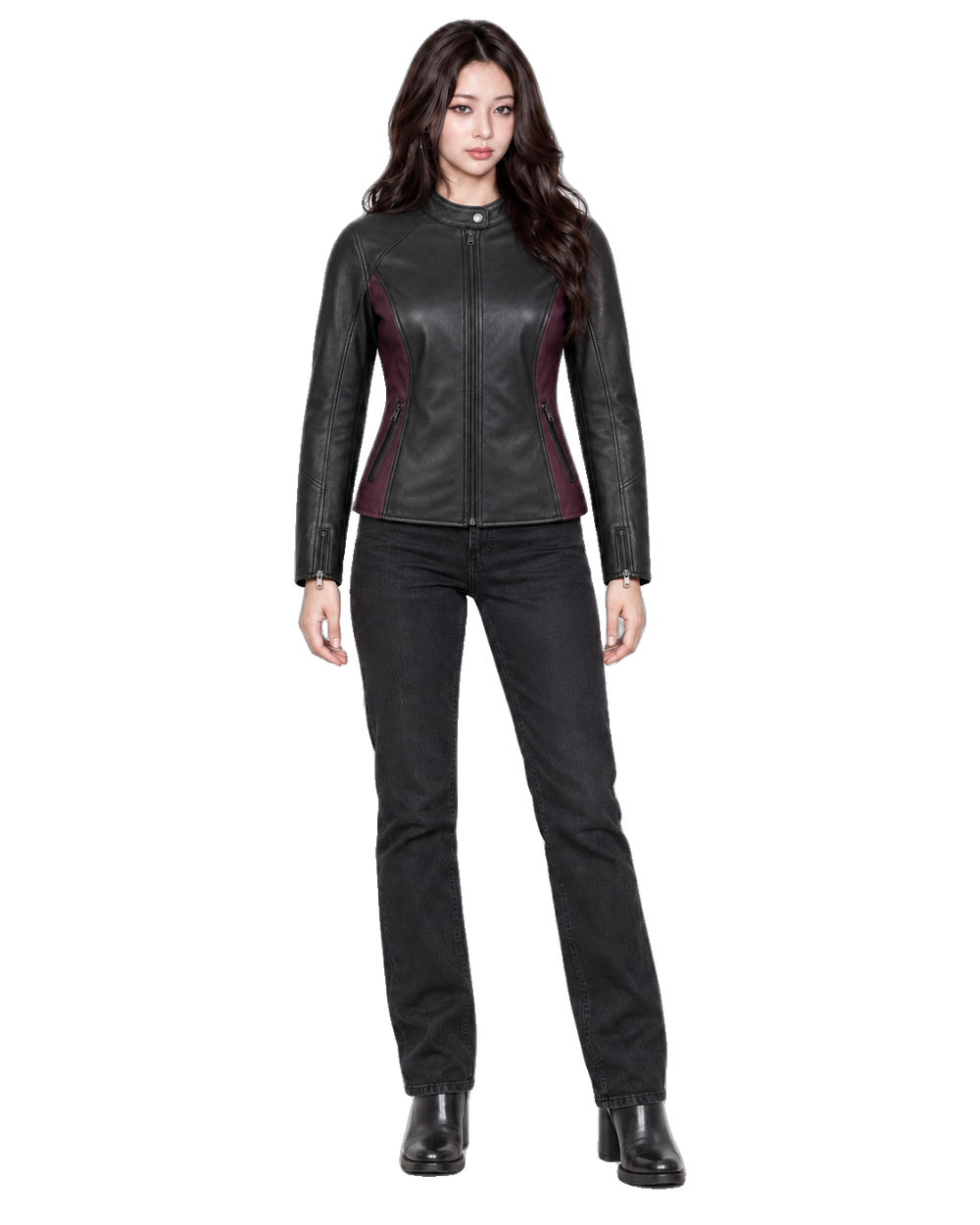Luna Street Women’s Black Leather Motorcycle Jacket front view on female model with transparent background