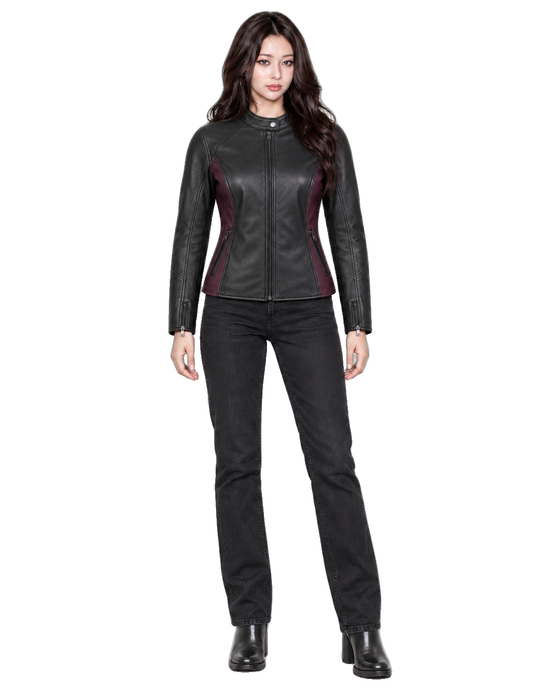 Luna Street Women’s Black Leather Motorcycle Jacket front view on female model with transparent background