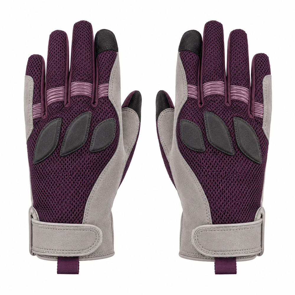 LunaForm women's summer mesh motorcycle gloves in plum and pearl gray