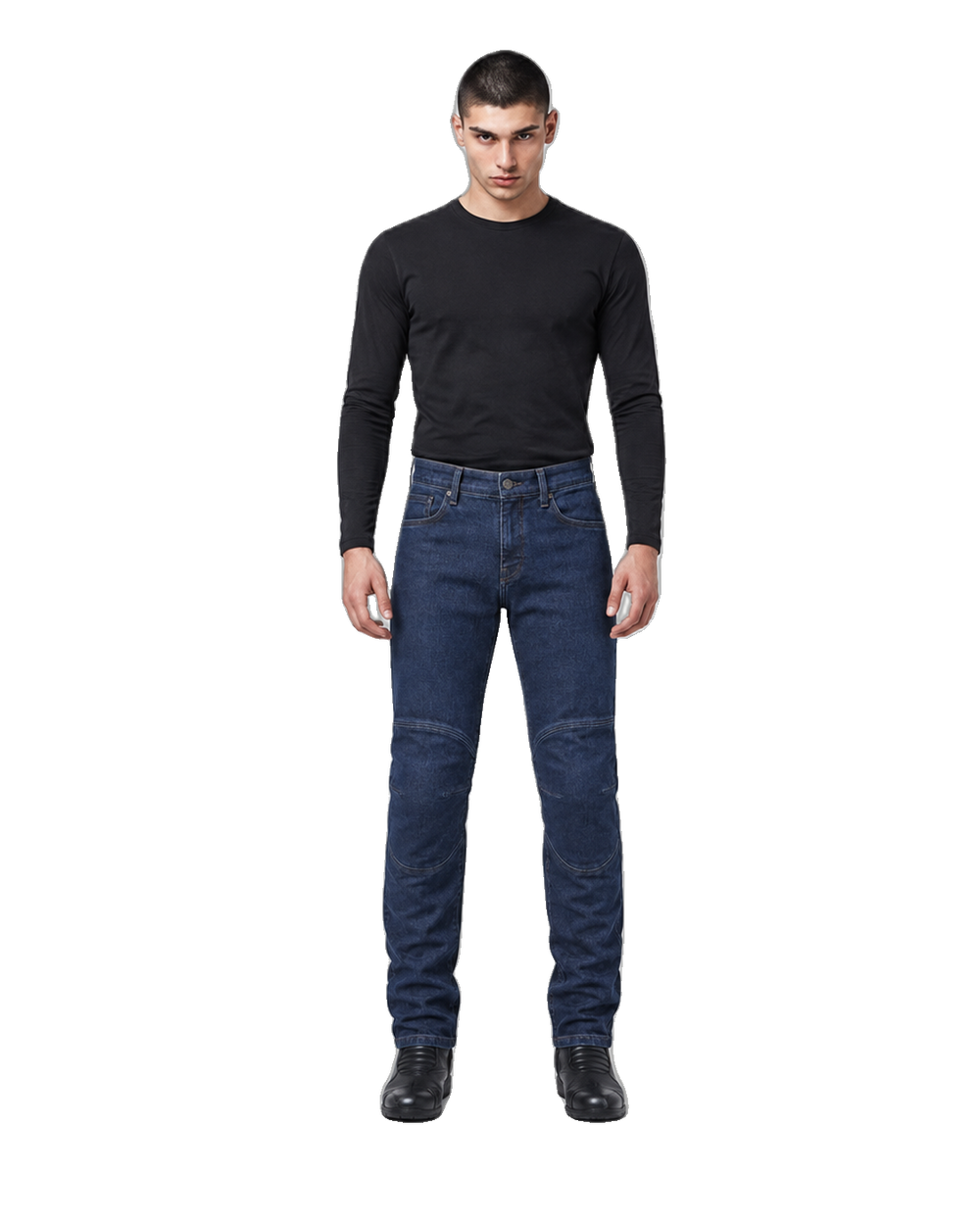 Metro Armor Blue Motorcycle Riding Jeans front view on male model on transparent background