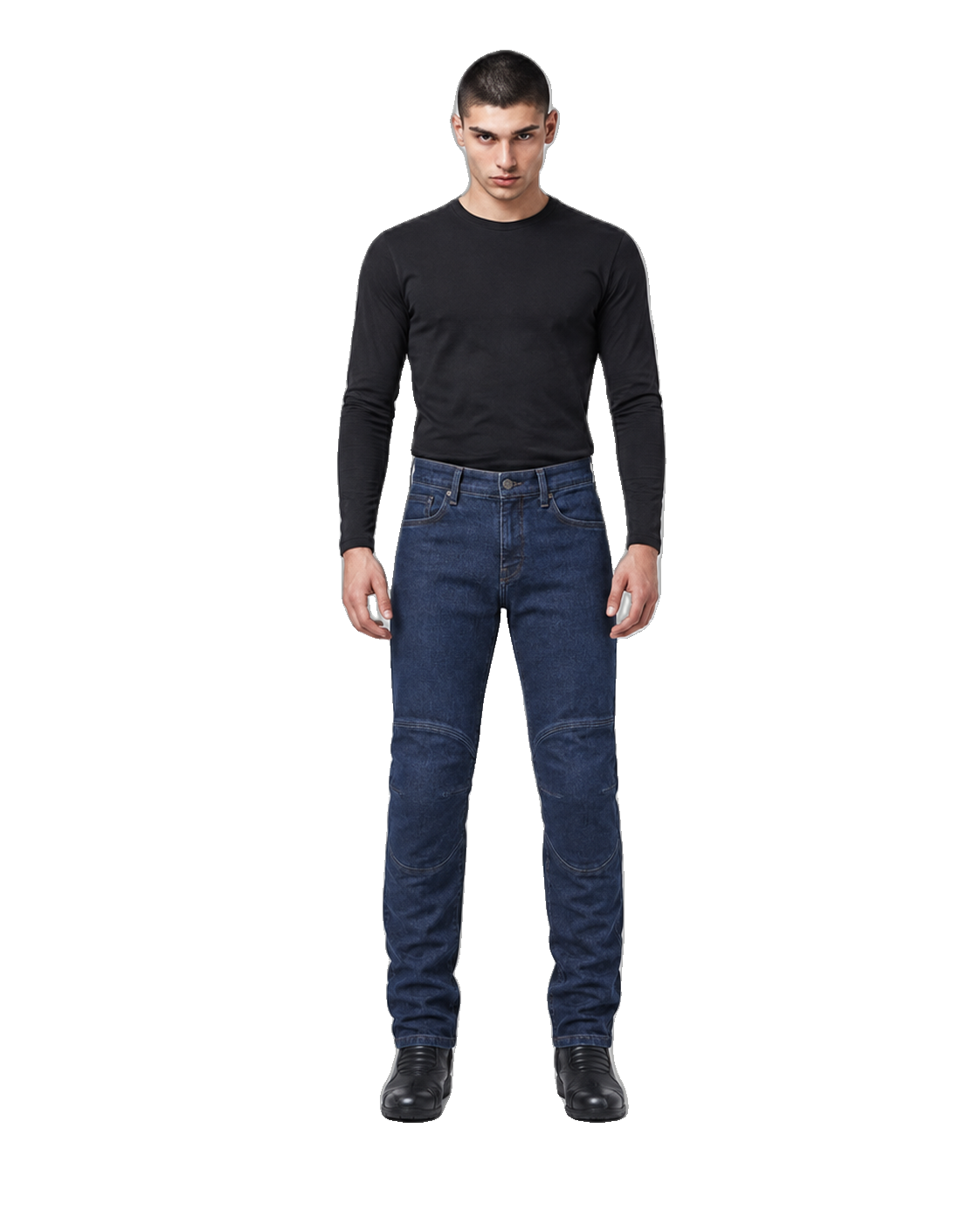 Metro Armor Blue Motorcycle Riding Jeans front view on male model on transparent background