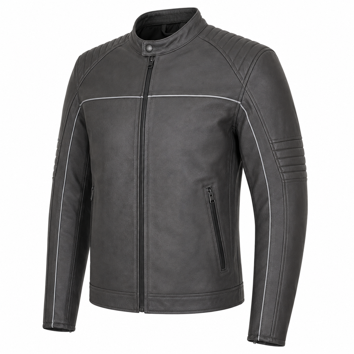 Metro Shield Charcoal Urban Leather Riding Jacket three-quarter leather detail view