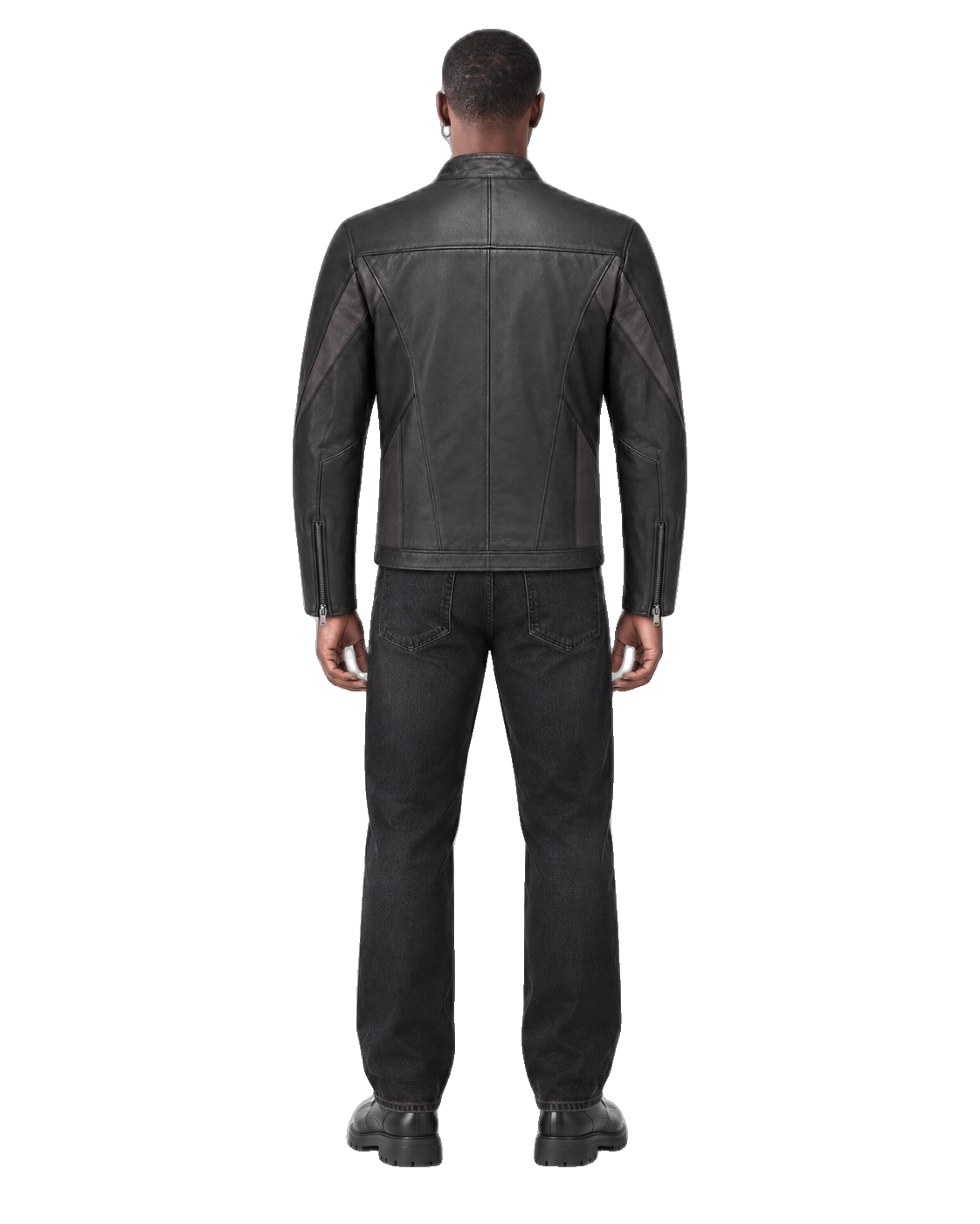 Metro Shield Charcoal Urban Leather Riding Jacket back view on male model with transparent background