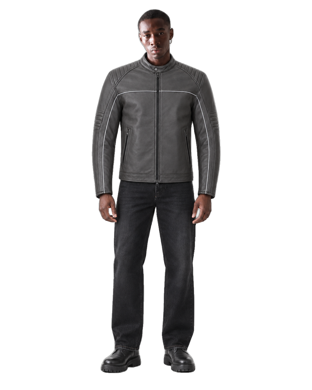 Metro Shield Charcoal Urban Leather Riding Jacket front view on male model with transparent background
