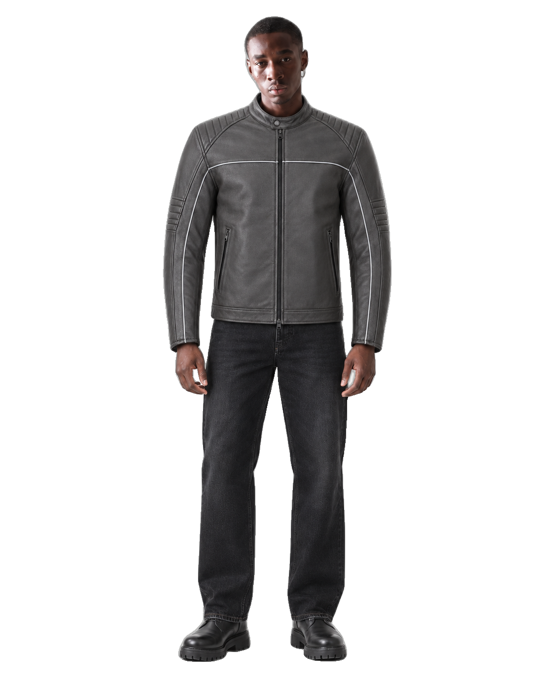 Metro Shield Charcoal Urban Leather Riding Jacket front view on male model with transparent background