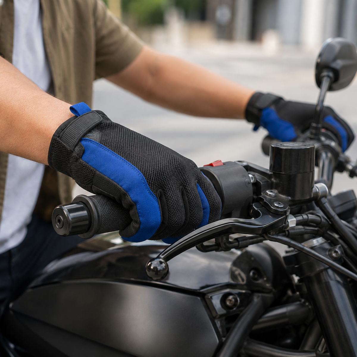 City rider wearing black and cobalt MetroFlex lightweight urban motorcycle gloves