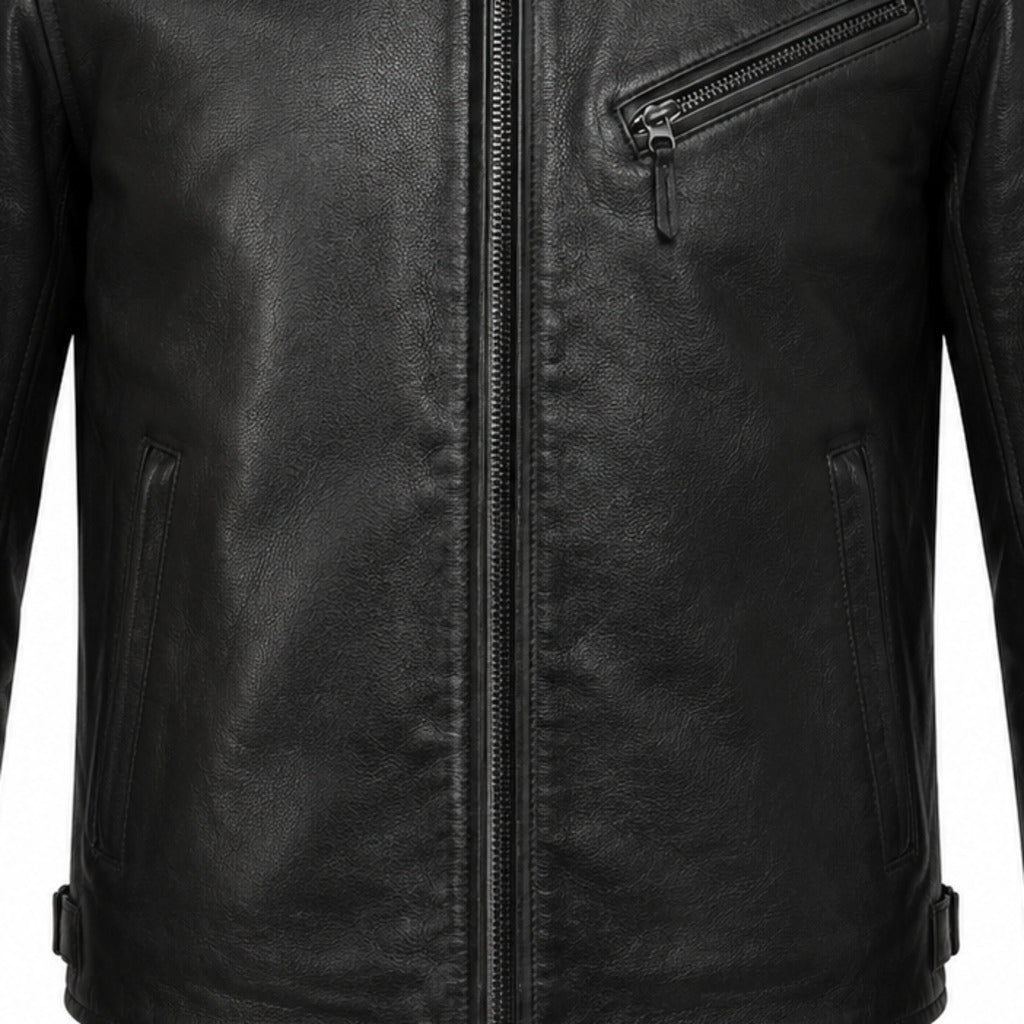 Midnight Road Black classic cruiser leather motorcycle jacket leather and hardware detail
