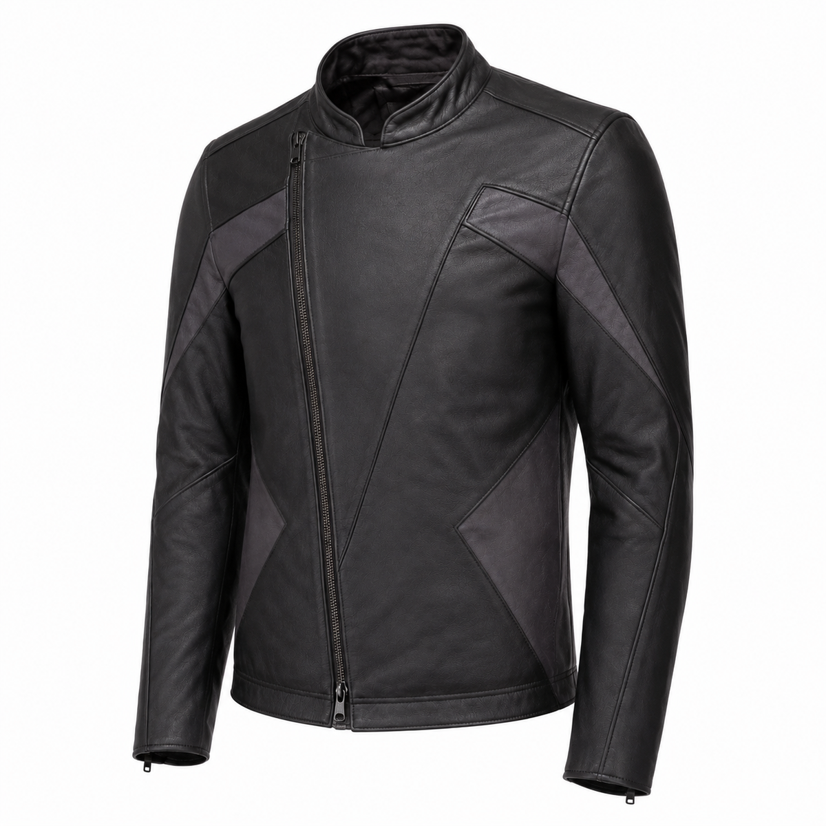Midnight Vector Minimalist Leather Motorcycle Jacket three-quarter leather detail view