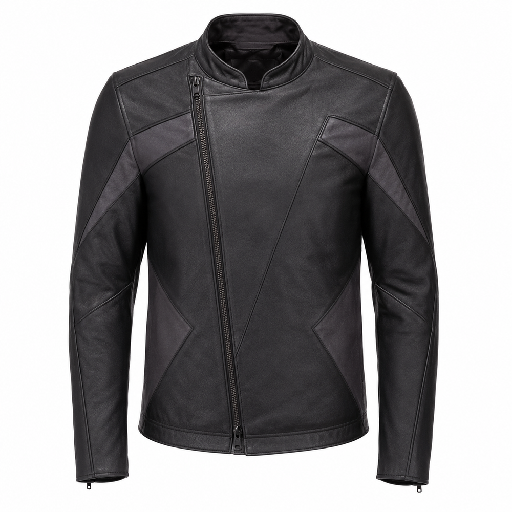 minimalist leather motorcycle jacket – Midnight Vector Minimalist Leather Motorcycle Jacket front view