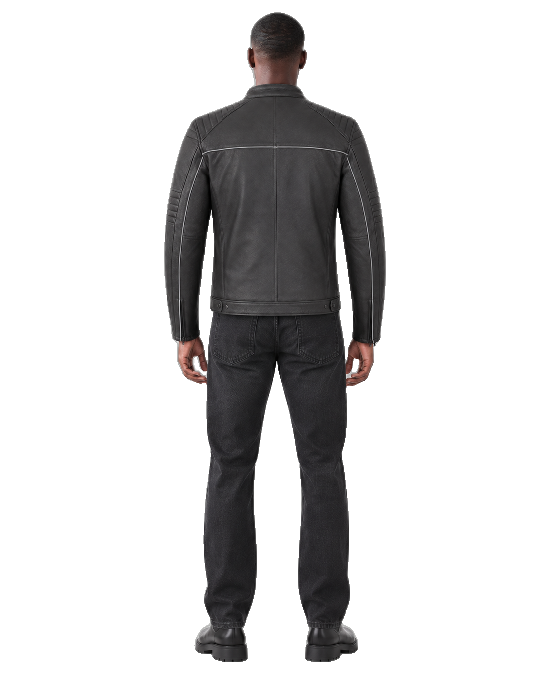 Midnight Vector Minimalist Leather Motorcycle Jacket back view on male model with transparent background
