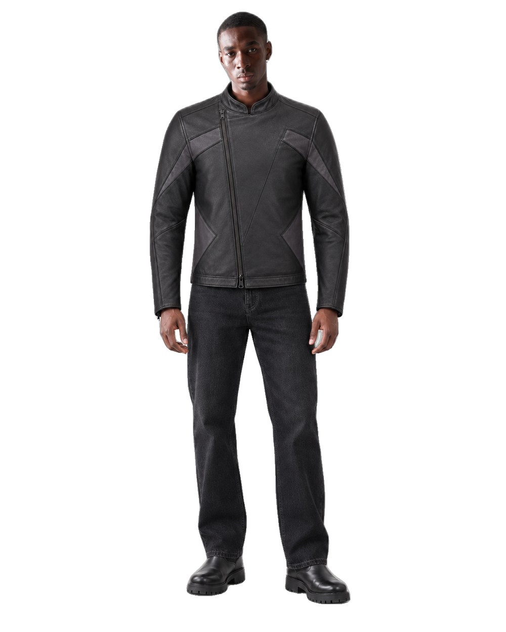 Midnight Vector Minimalist Leather Motorcycle Jacket front view on male model with transparent background