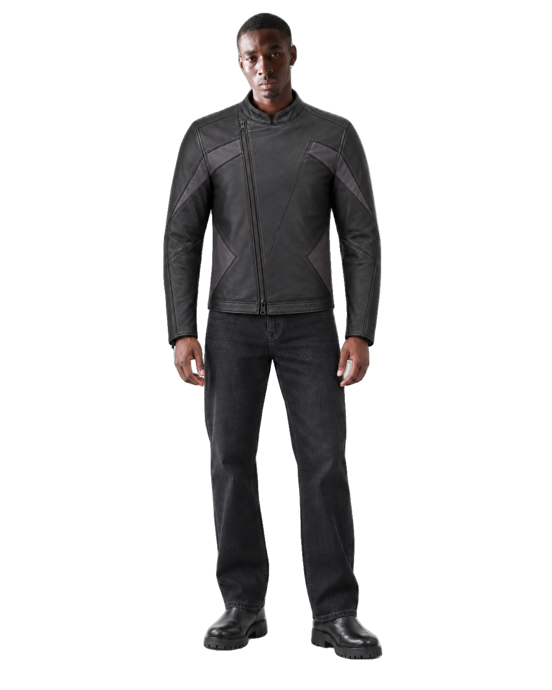 Midnight Vector Minimalist Leather Motorcycle Jacket front view on male model with transparent background