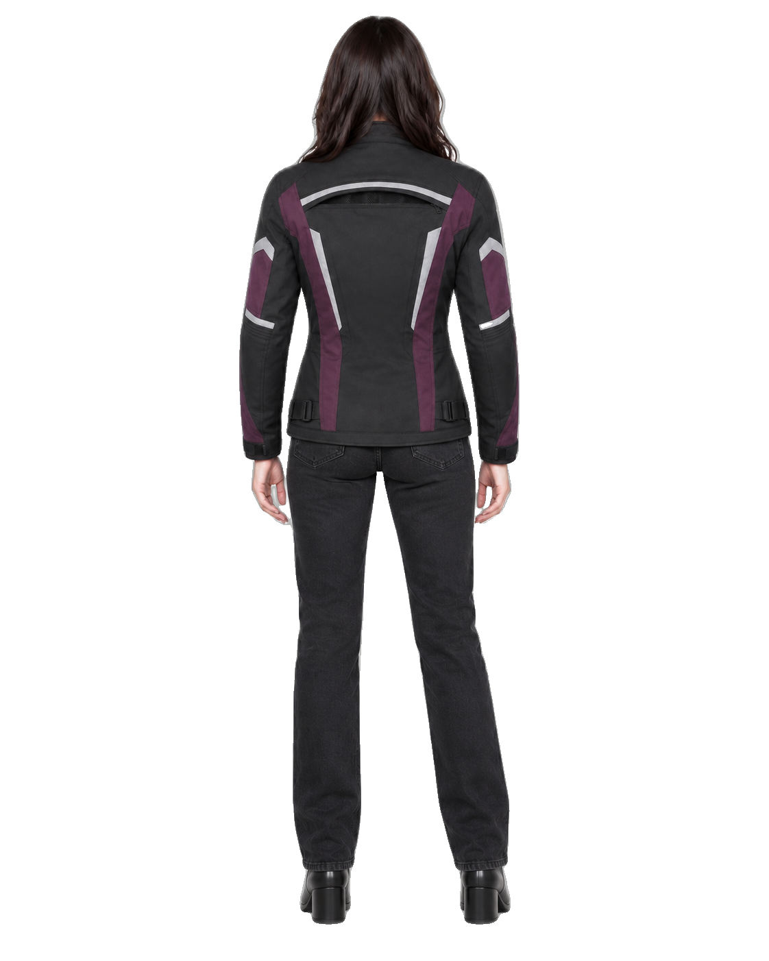 Monarch Storm Women's All-Season Motorcycle Jacket back view on female model with transparent background