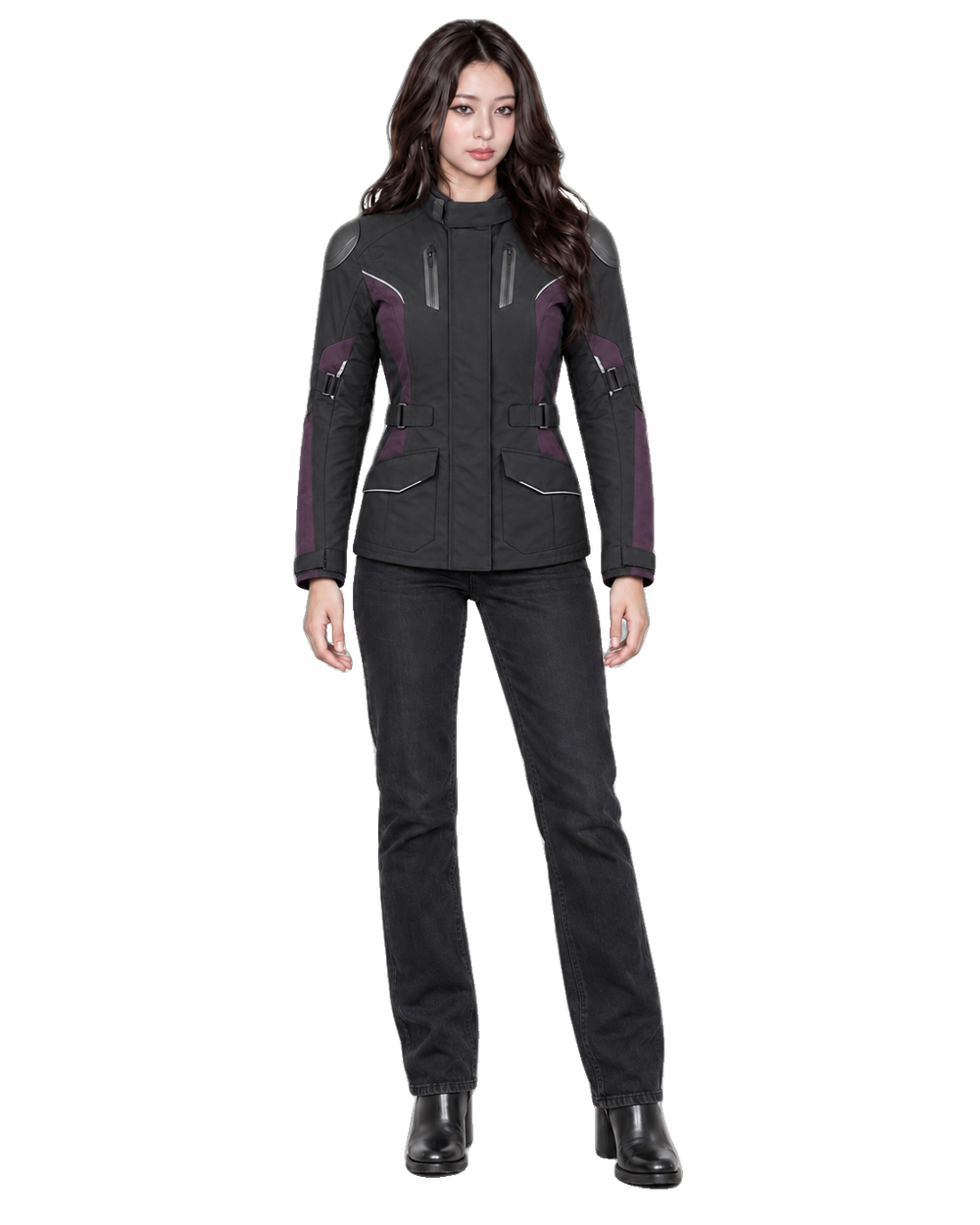 Monarch Storm Women's All-Season Motorcycle Jacket front view on female model with transparent background