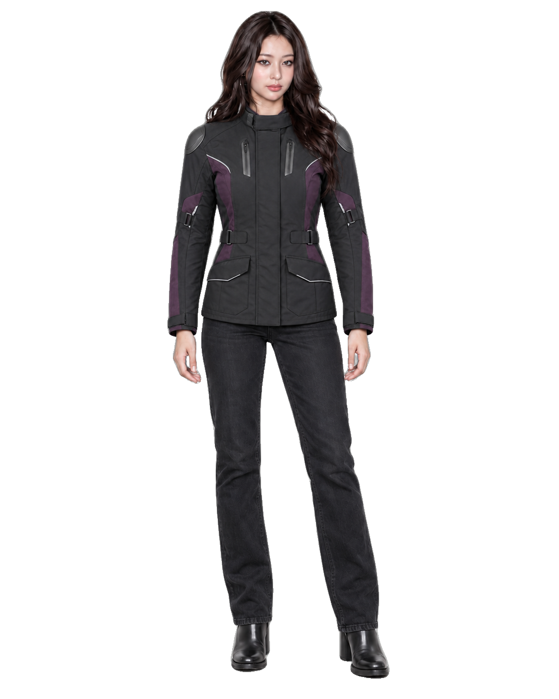 Monarch Storm Women's All-Season Motorcycle Jacket front view on female model with transparent background
