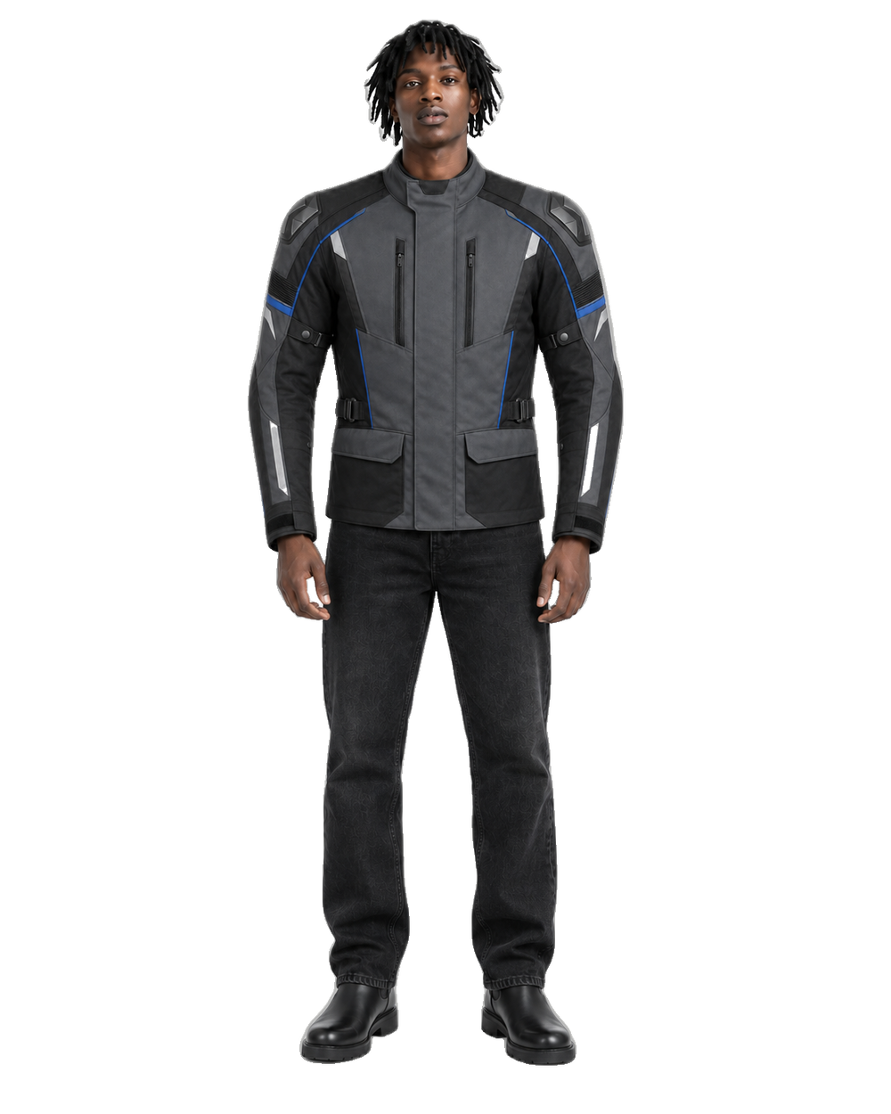 Monsoon Vector All-Season Motorcycle Jacket front view on male model with transparent background