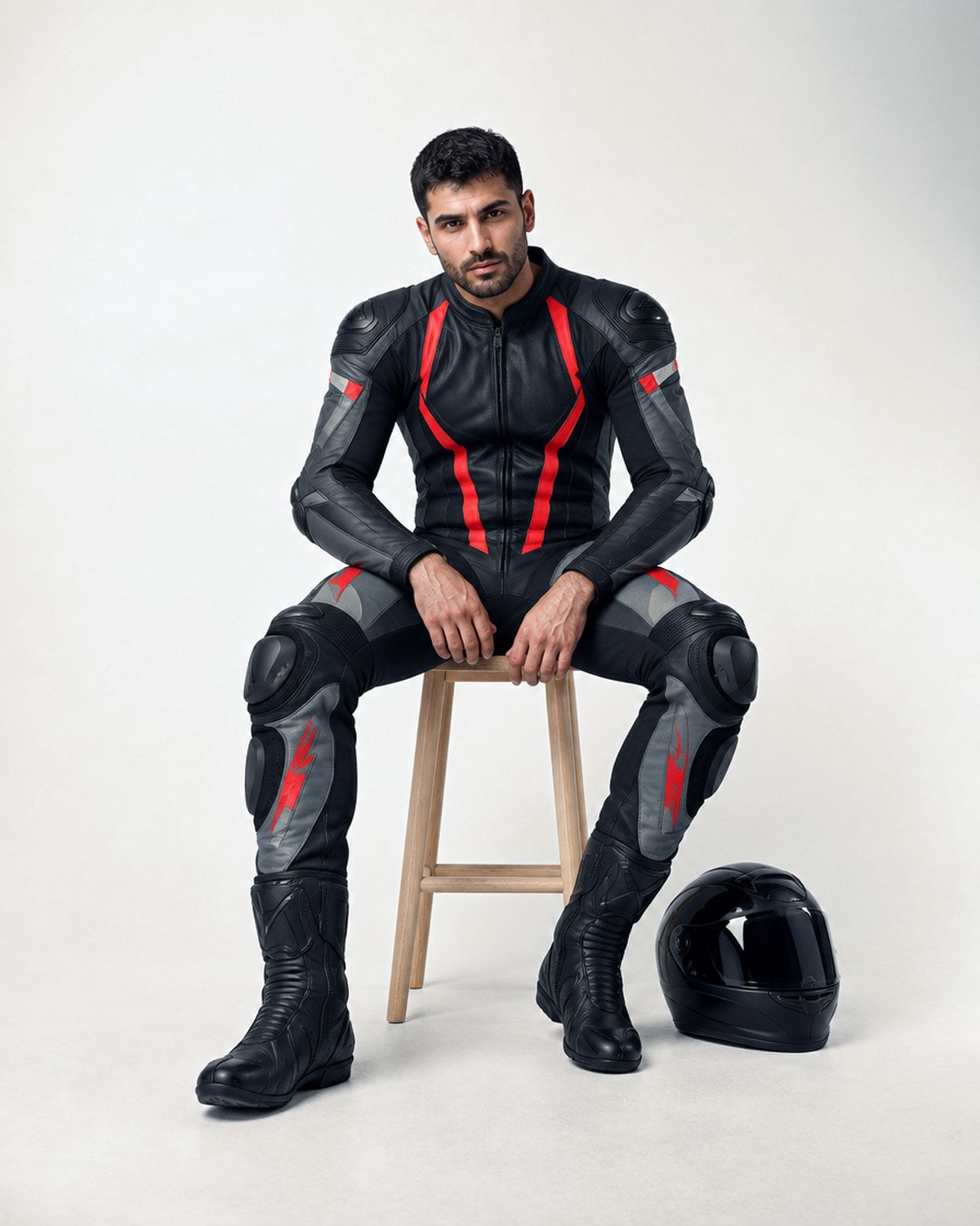 Model seated in the Aprilia RSV4 leather racing suit in a grey studio