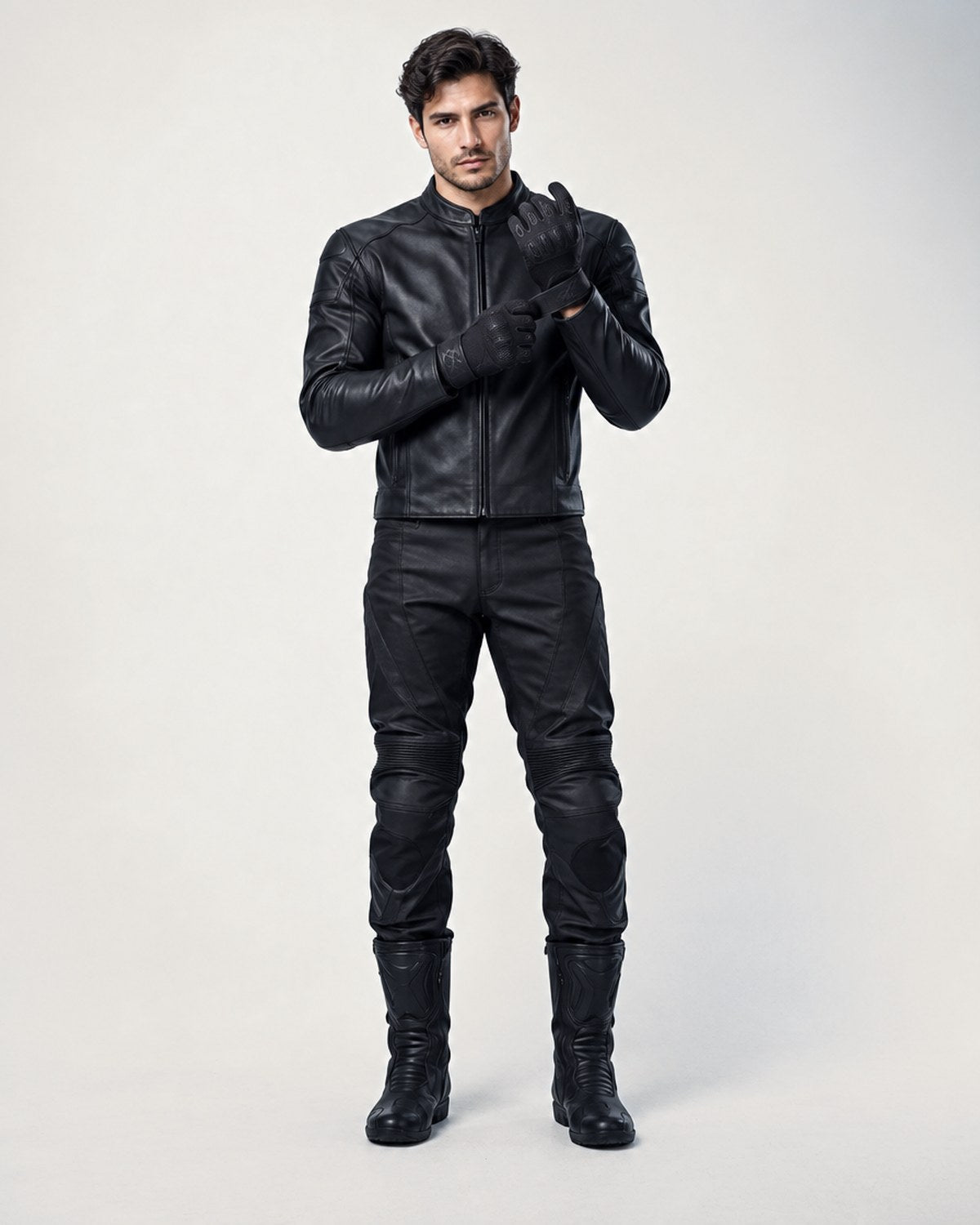 Model fastening black leather motorcycle gloves in a grey studio