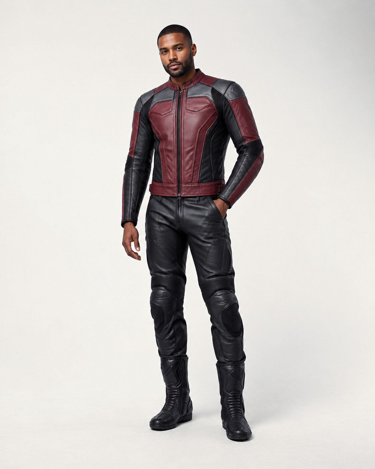 Model wearing a burgundy and black leather racing jacket in a grey studio