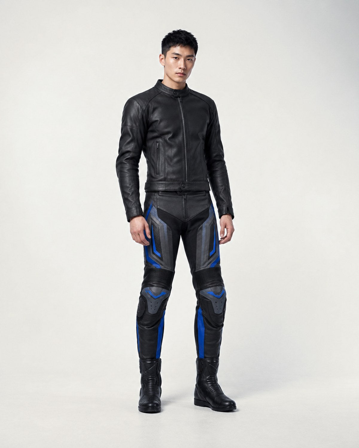 Model wearing leather motorcycle racing pants in a grey studio