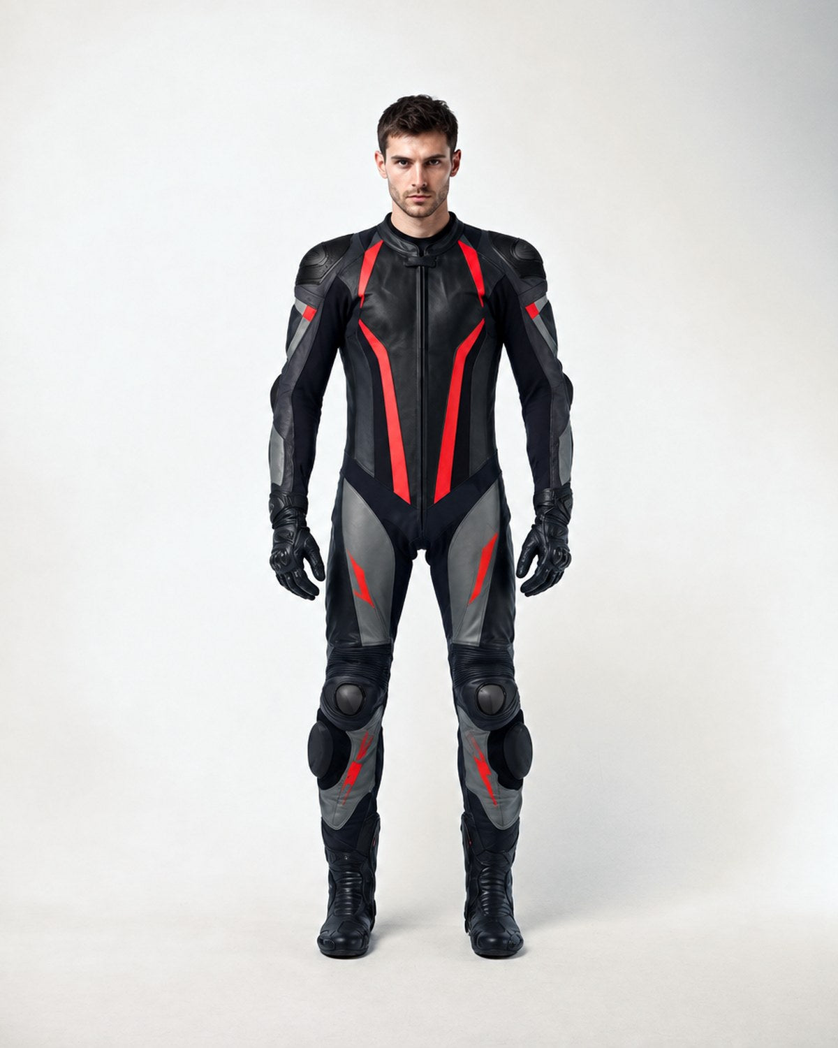 Model wearing a black and red one-piece leather racing suit in a grey studio
