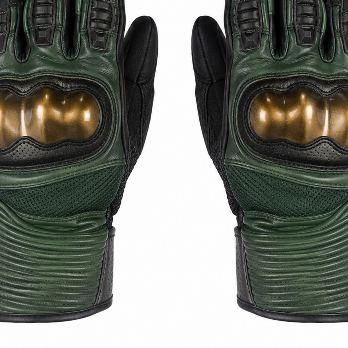 MotoGrid forest bronze street motorcycle gloves — cuff and backhand construction detail