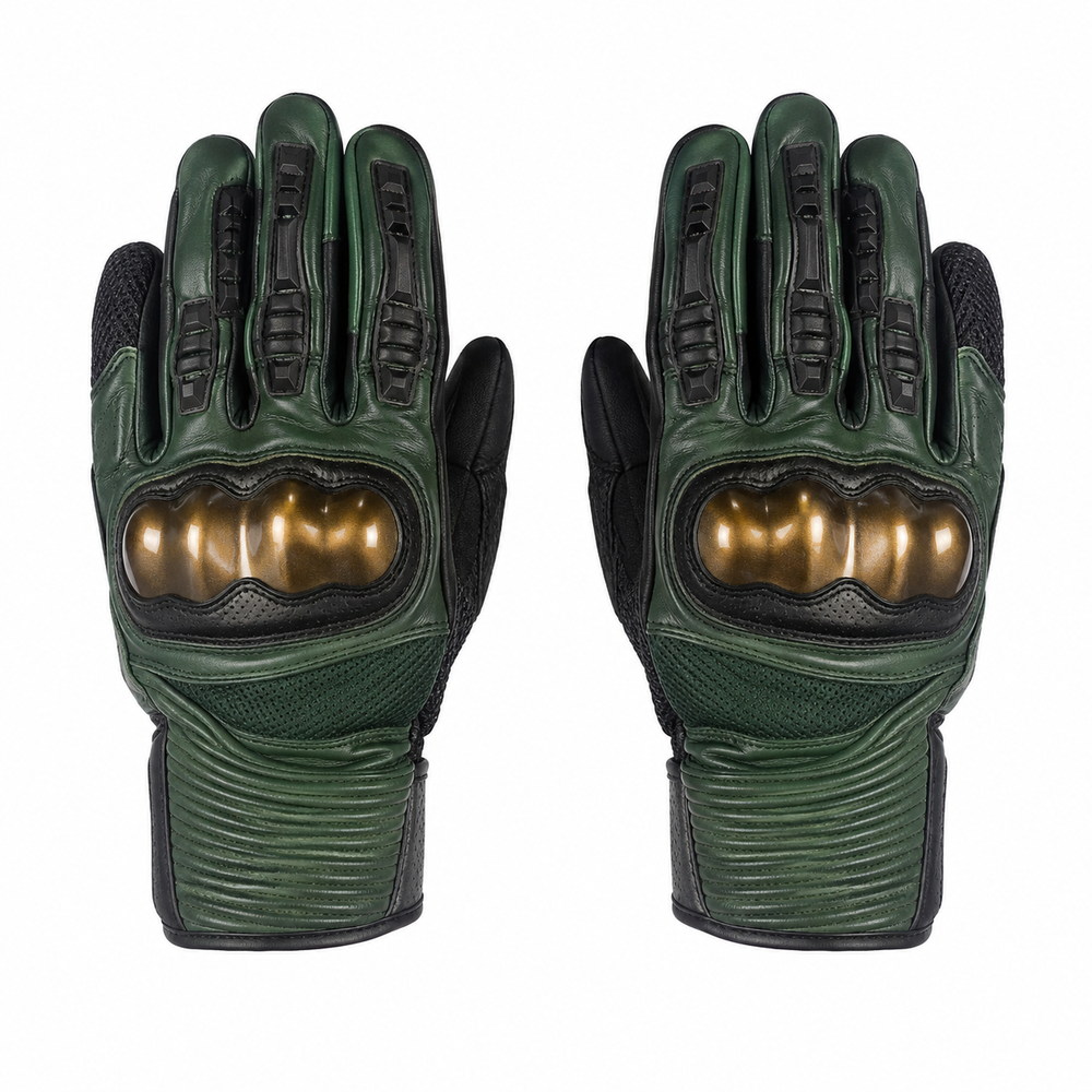 MotoGrid forest bronze street motorcycle gloves — full pair hero view