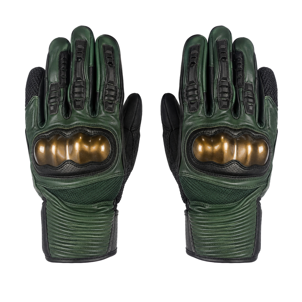 MotoGrid forest bronze street motorcycle gloves — full pair hero view
