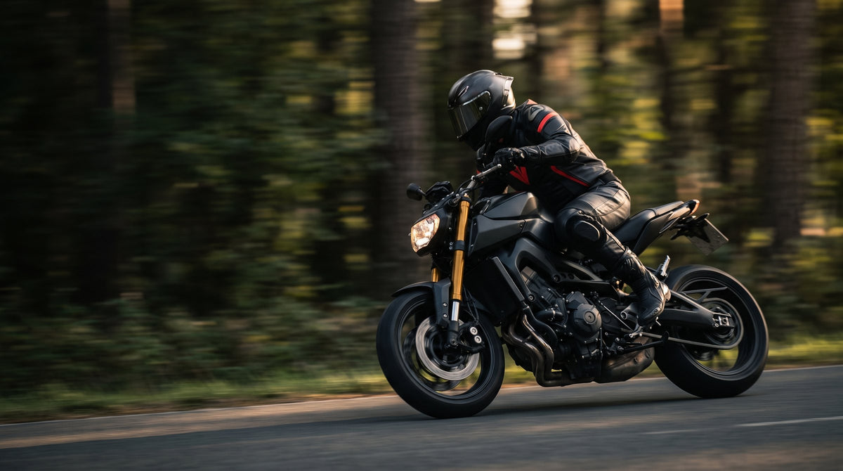 Rider cornering on a racetrack in Zees Moto leather racing gear