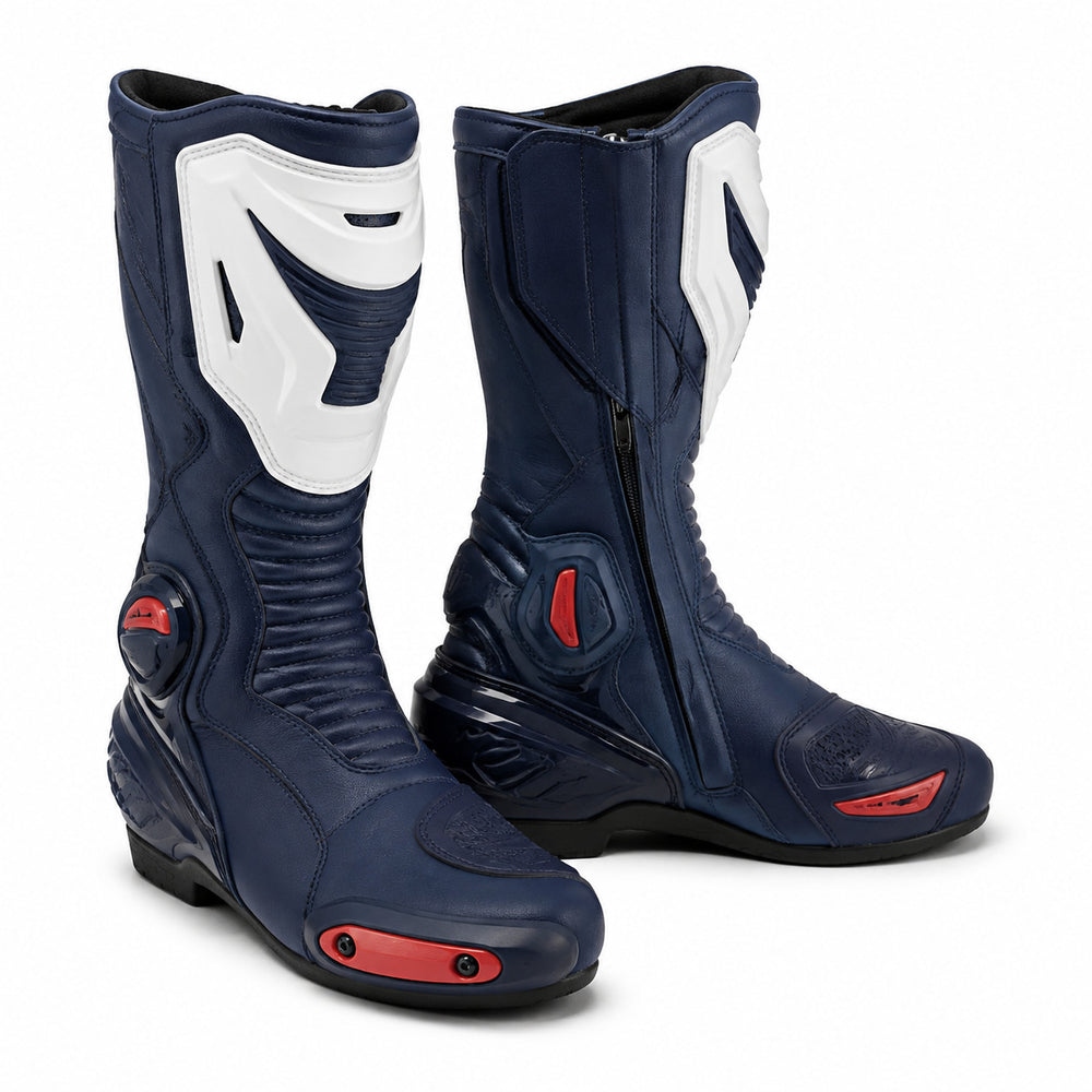 Navy Circuit Racing Motorcycle Boots – hero – Deep Navy / White / Red