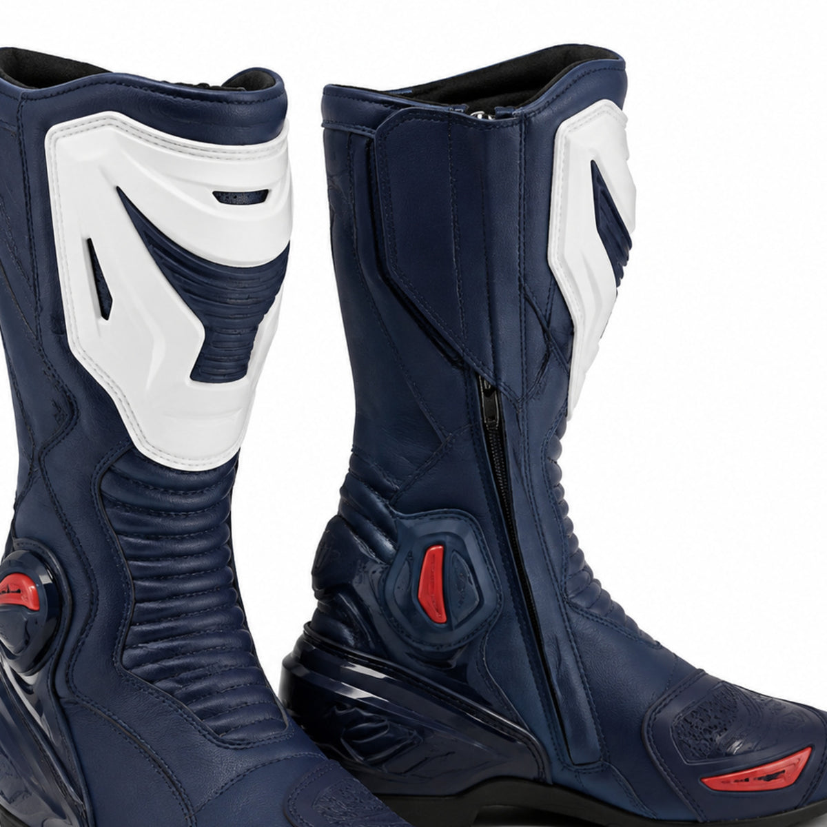 Navy Circuit Racing Motorcycle Boots – shin closure detail – Deep Navy / White / Red