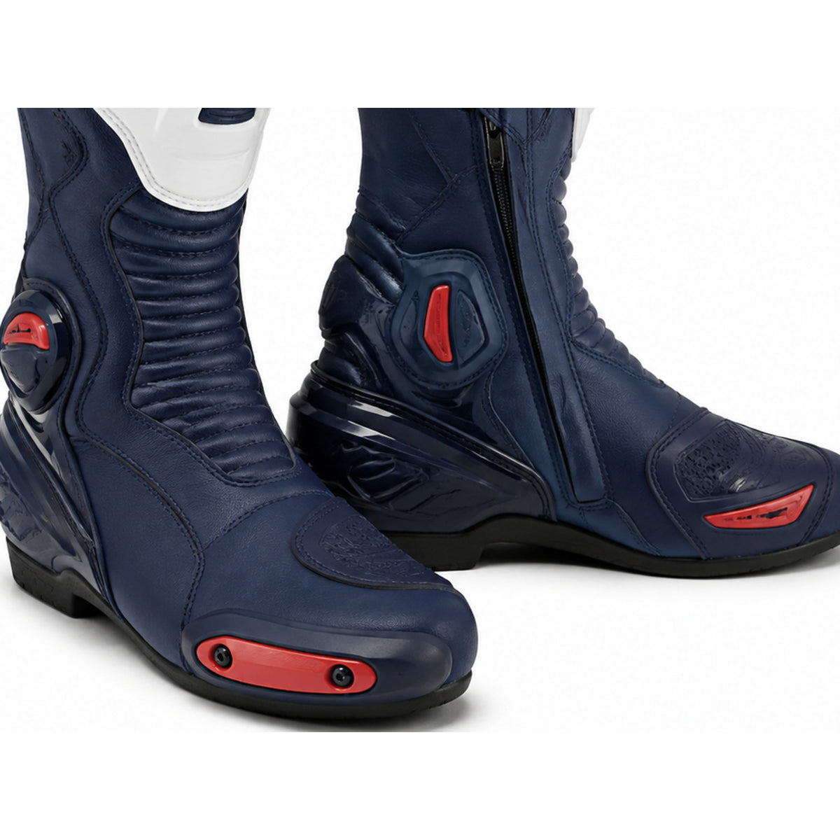 Navy Circuit Racing Motorcycle Boots – toe ankle sole detail – Deep Navy / White / Red