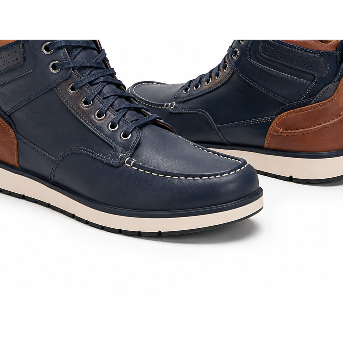 Navy Harbor Casual Leather Motorcycle Riding Shoes – toe sole detail in Deep Navy / Cognac