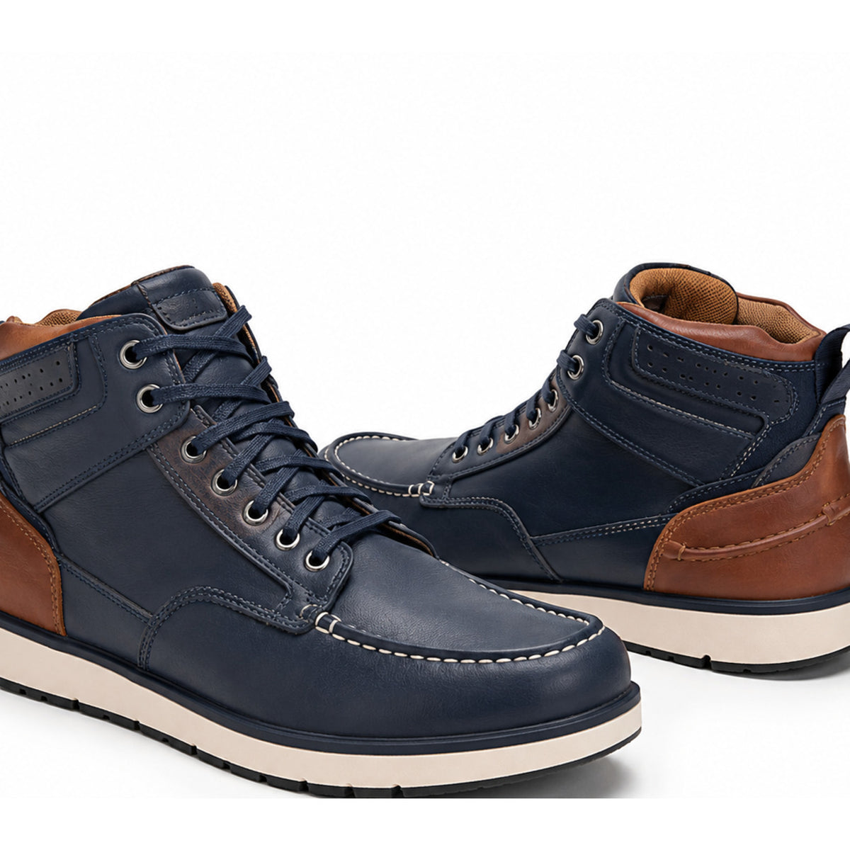 Navy Harbor Casual Leather Motorcycle Riding Shoes – upper closure detail in Deep Navy / Cognac