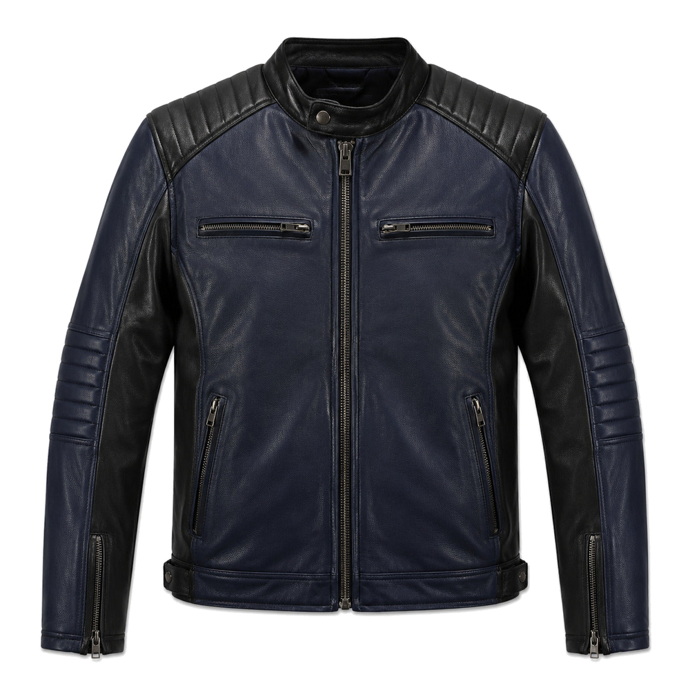Navy Steel Blue classic cruiser leather motorcycle jacket front hero view
