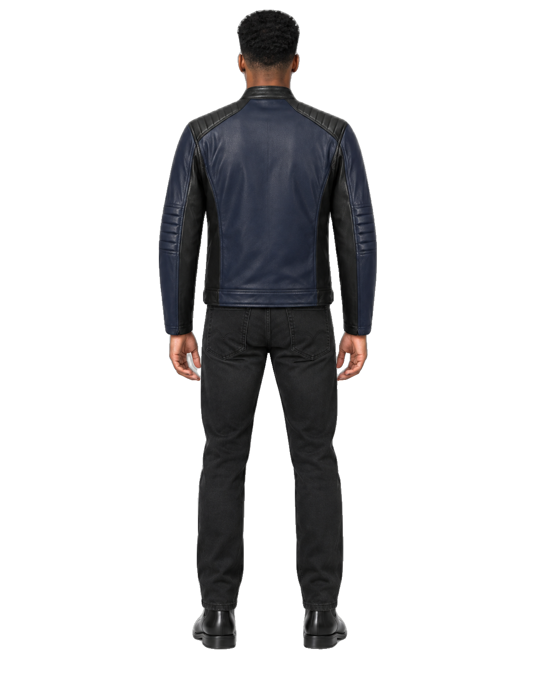 Navy Steel Blue Leather Cruiser Jacket back view on male model with transparent background