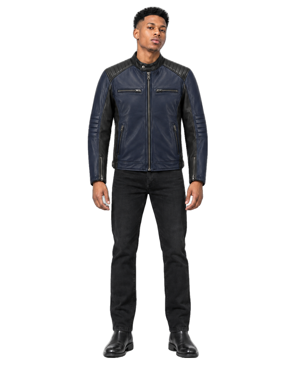 Navy Steel Blue Leather Cruiser Jacket front view on male model with transparent background