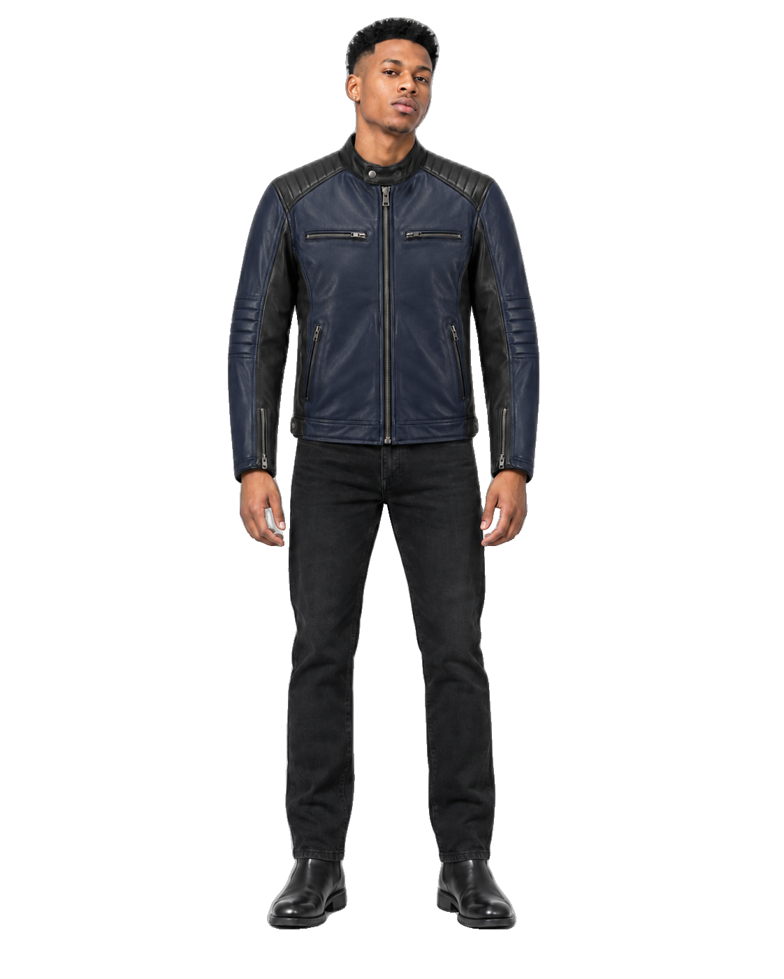 Navy Steel Blue Leather Cruiser Jacket front view on male model with transparent background