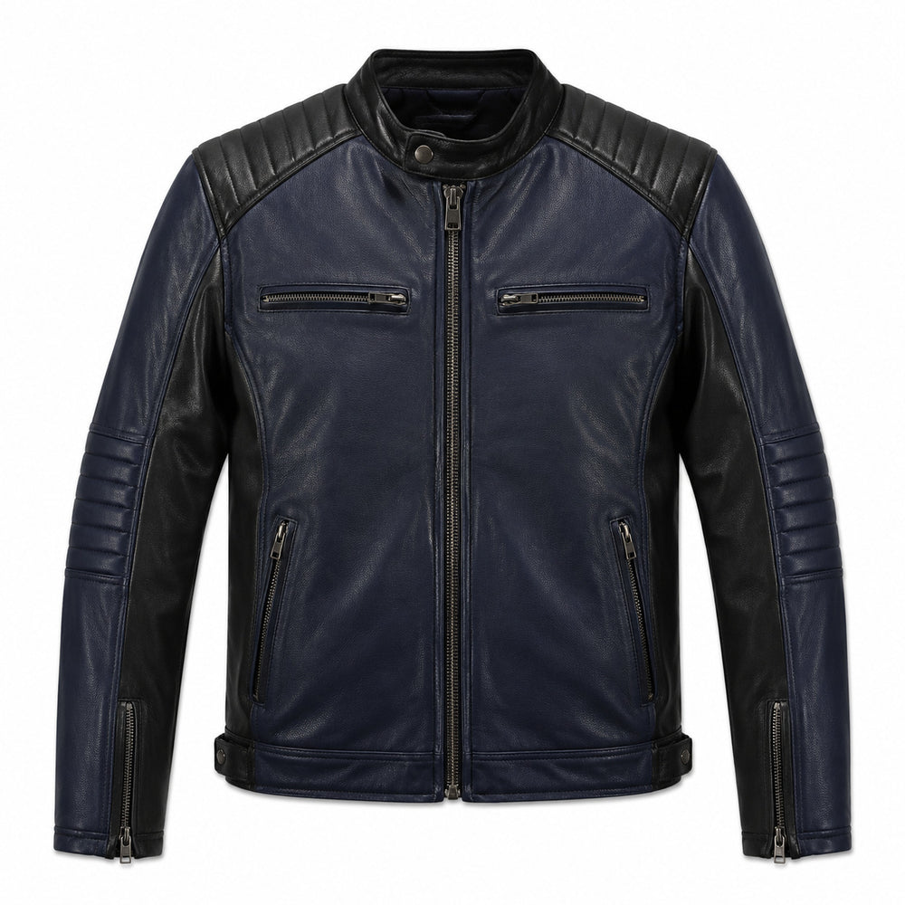 Navy Steel Blue classic cruiser leather motorcycle jacket front hero view
