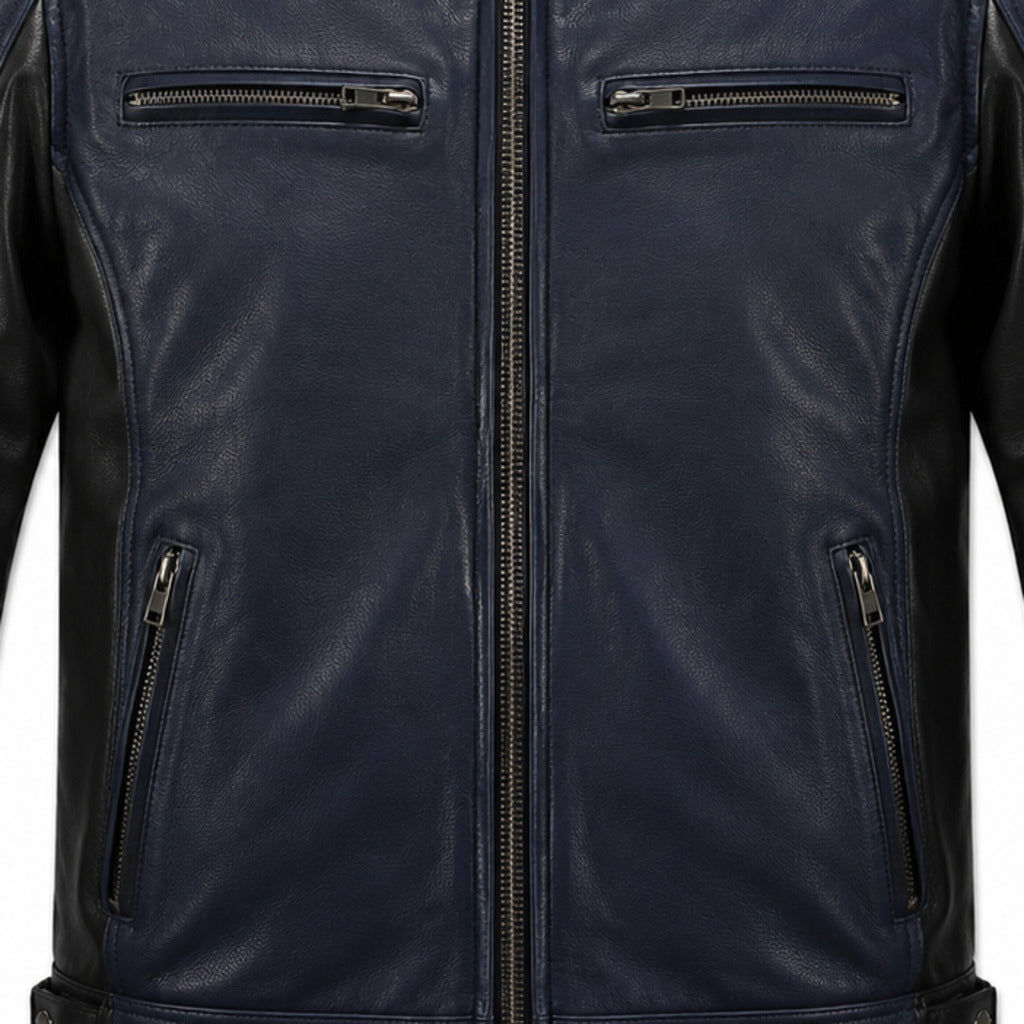 Navy Steel Blue classic cruiser leather motorcycle jacket leather and hardware detail